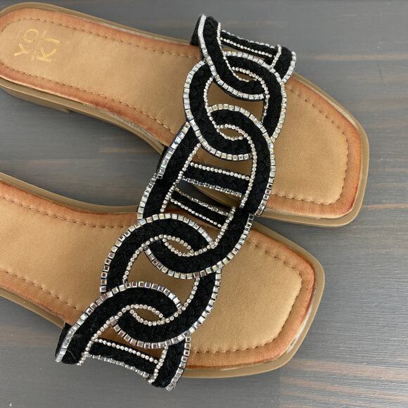YOKI Isabel Slide Sandal Flats Women Size 8 Black Cutout Crystal Trim Glitzy NEW - Picture 3 of 8